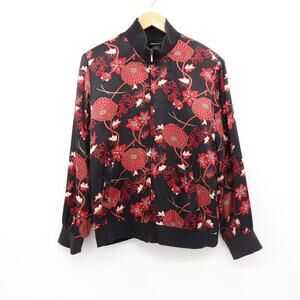 Notations Silk Bomber Jacket Sz Large Black Red Floral Lined Zip Up